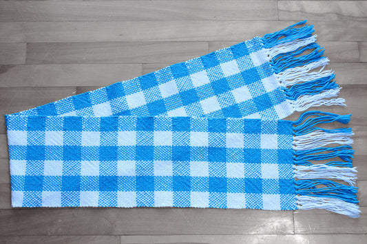 Cotton table runner, checkered pattern, blue, white, handmade, natural fibres, washer and dryer safe, made in Canada