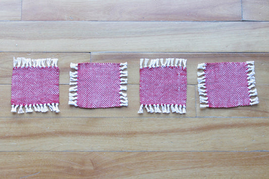 Cotton coasters, set of four, red, white, handmade, natural fibres, washer safe, made in Canada