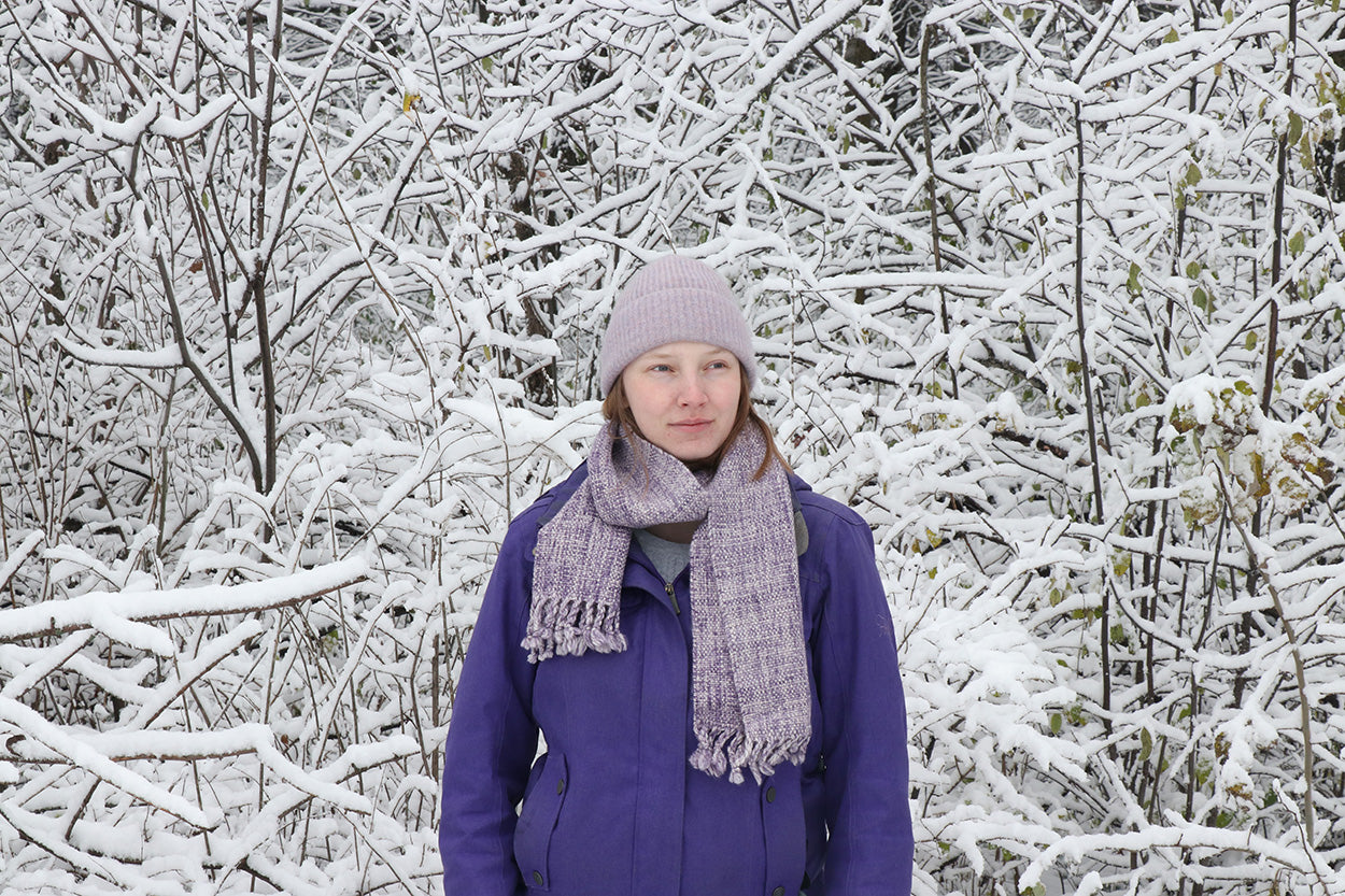 Wool scarf, marbled purple, white, handmade, natural fibres, Peruvian highland wool, twisted fringe, made in Canada