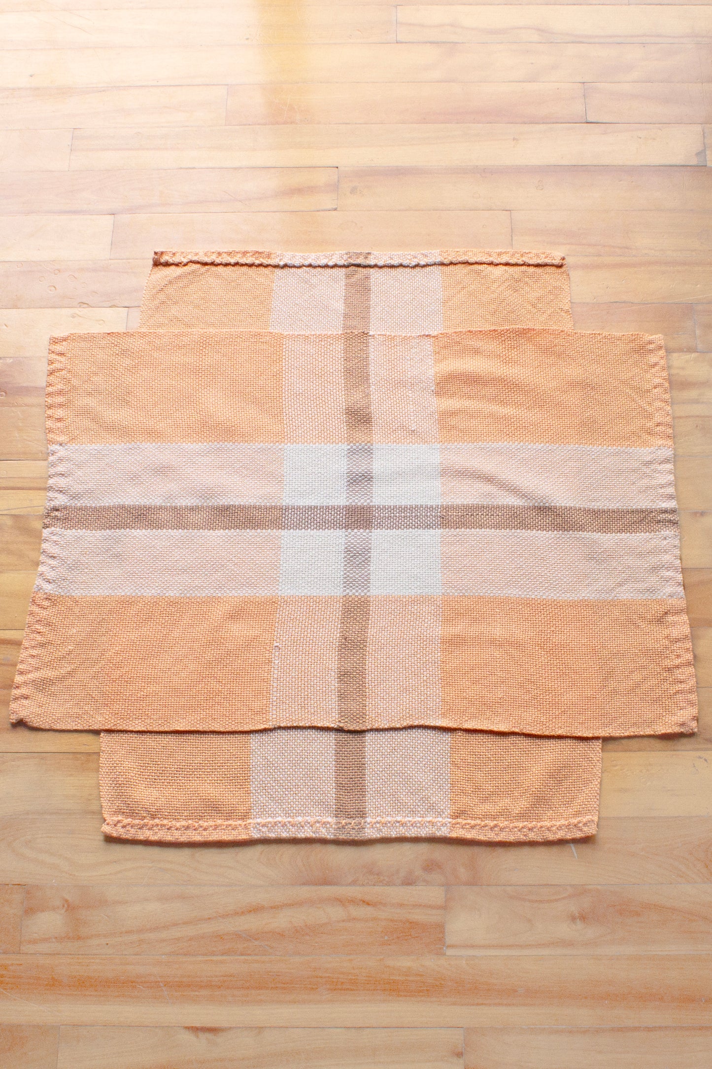 Cotton dish towel, striped orange, brown, white, off-white, handmade, natural fibres, washer and dryer safe, hemmed, hand sewn hem, made in Canada