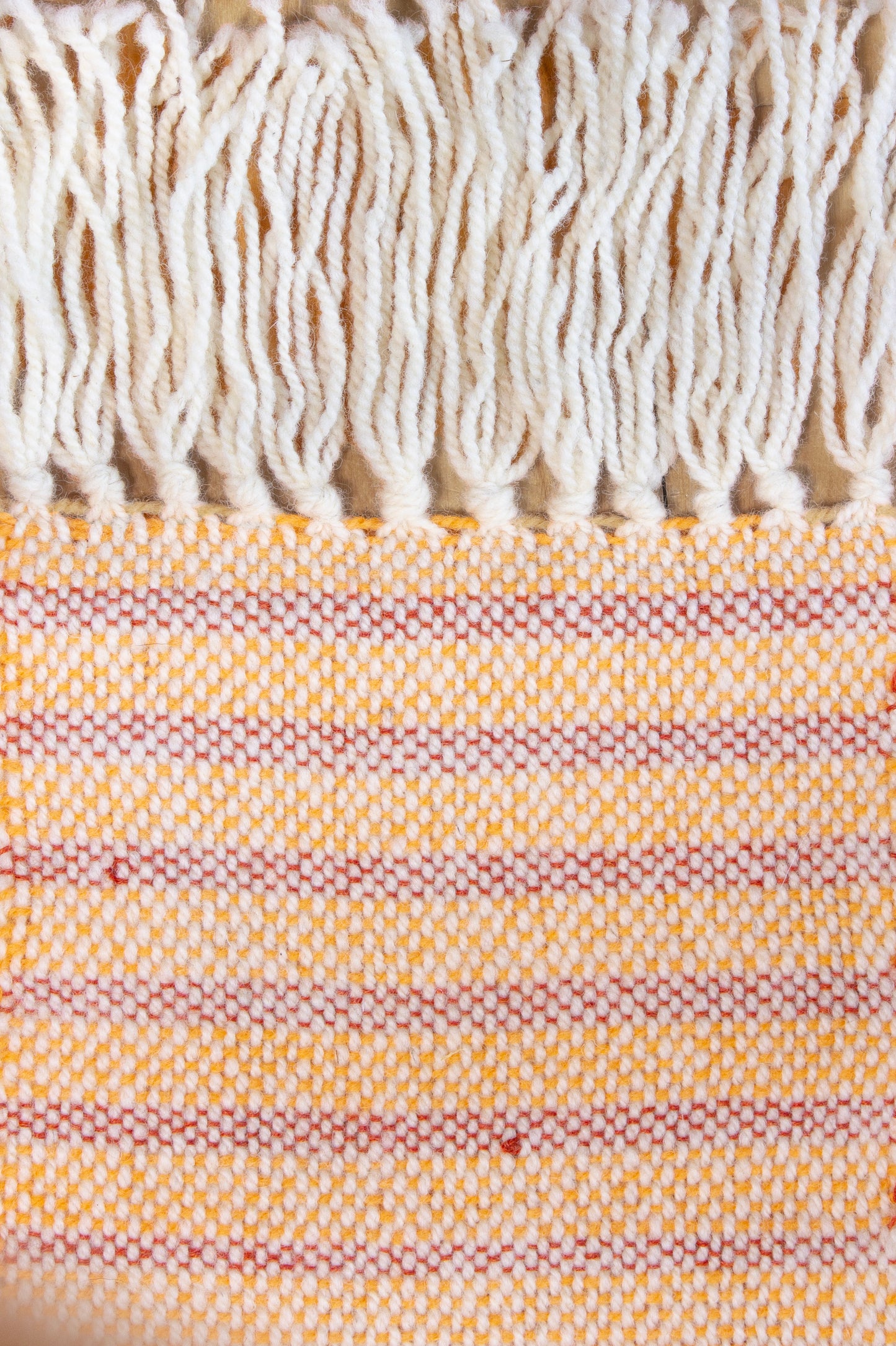 Wool scarf, striped orange, white, marbled orange, handmade, natural fibres, undyed white, locally sourced, reclaimed loom waste, woven in Canada