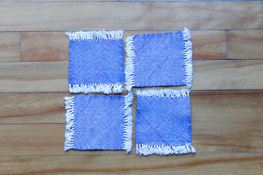 Cotton coasters, set of four, blue, white, handmade, natural fibres, washer safe, made in Canada