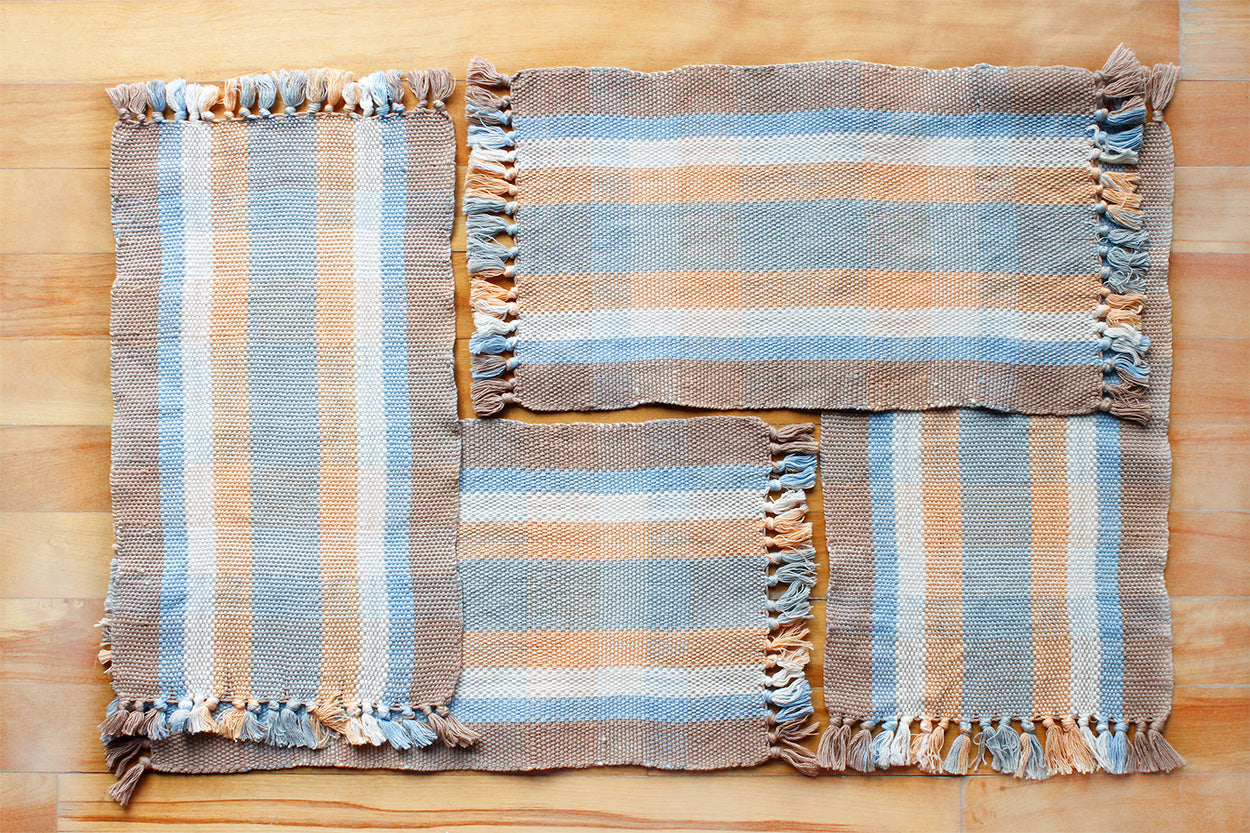 Cotton placemats, set of four, multi-coloured plaid, brown, blue, orange, grey, handmade, natural fibres, custom order, made in Canada