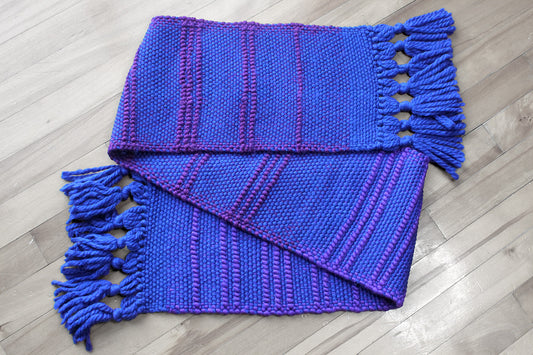 Wool scarf, pile loop pattern, blue, purple, handmade, natural fibres, Merino wool, Peruvian highland wool, made in Canada