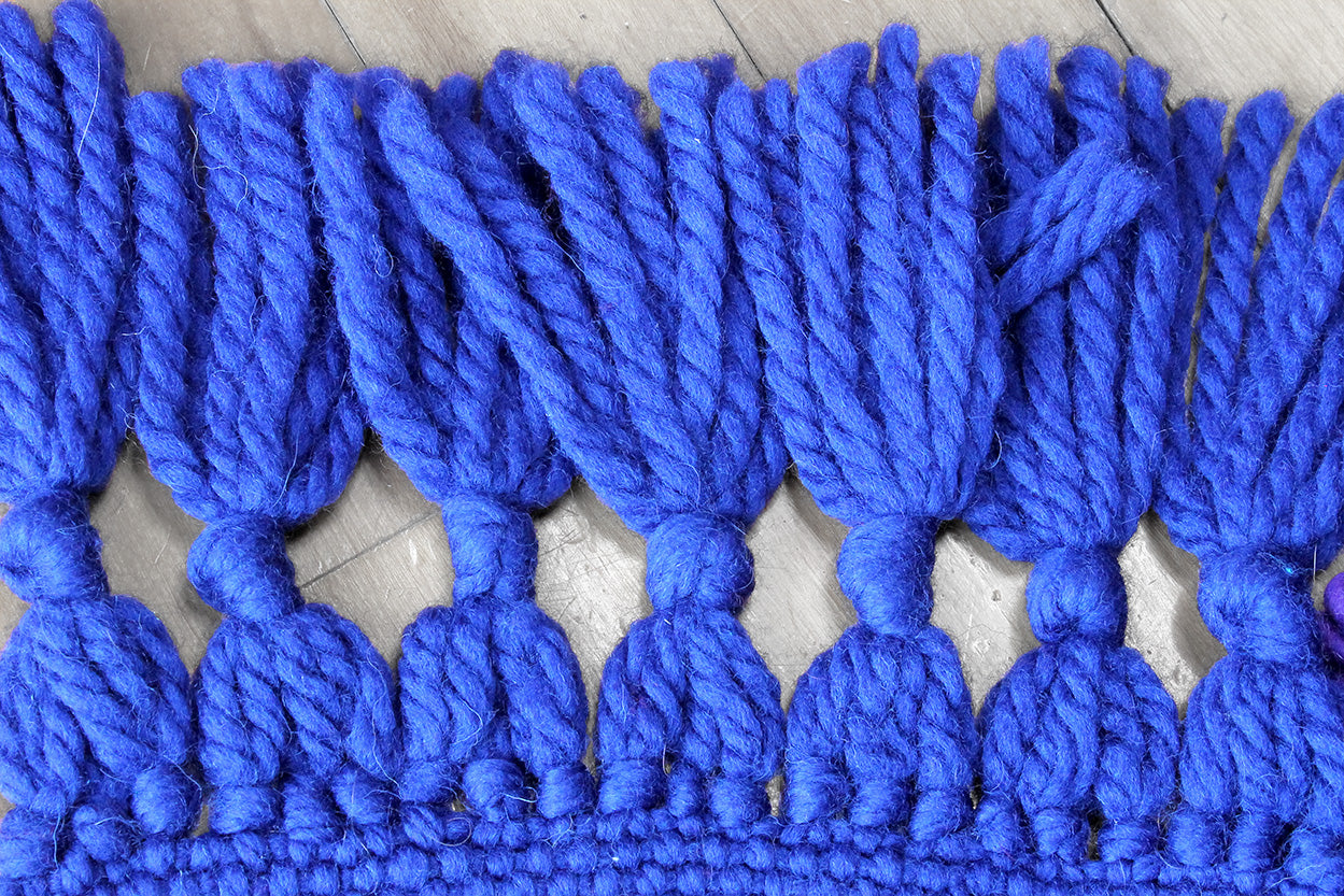 Wool scarf, pile loop pattern, blue, purple, handmade, natural fibres, Merino wool, Peruvian highland wool, made in Canada
