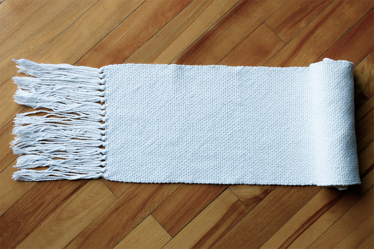 Cotton table runner, white, handmade, natural fibres, washer and dryer safe, made in Canada