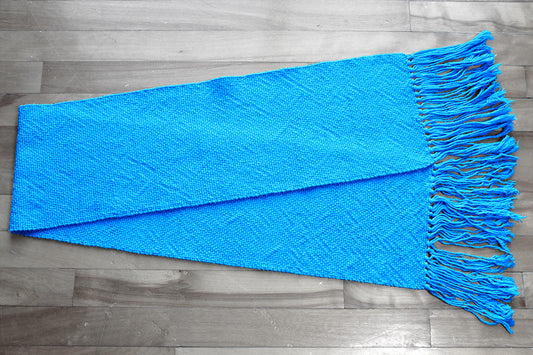 Cotton table runner, blue, handmade, natural fibres, washer and dryer safe, made in Canada