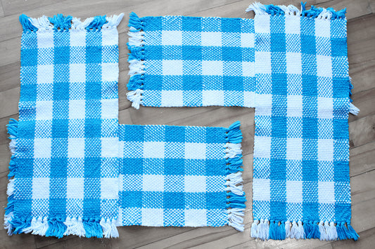 Cotton placemats, set of four, checkered pattern, blue, white, handmade, natural fibres, washer and dryer safe, made in Canada