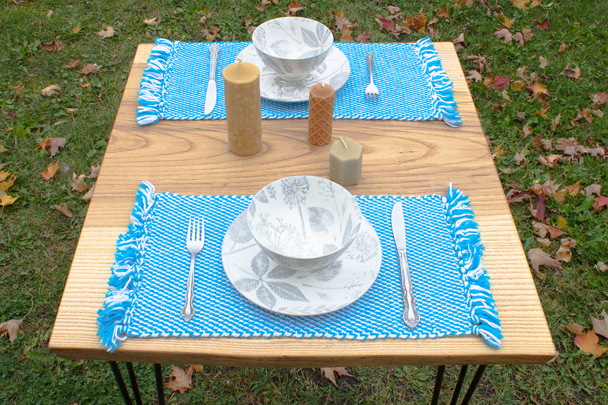 Cotton placemat, double woven, blue, white, handmade, natural fibres, washer and dryer safe, thick, absorbent, made in Canada