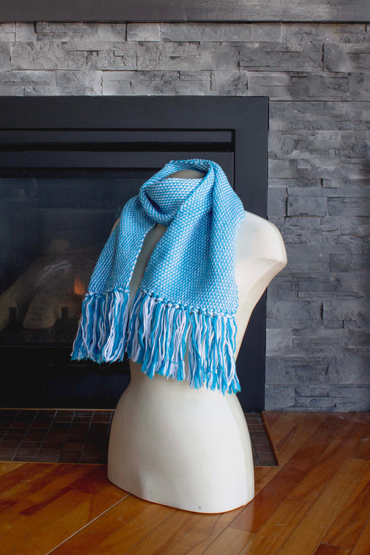 Cotton scarf, double woven, blue, white, handmade, natural fibres, washer and dryer safe, thick, absorbent, made in Canada