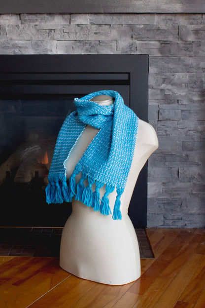 Cotton scarf, textured pattern, blue, white, handmade natural fibres, washer and dryer safe, made in Canada