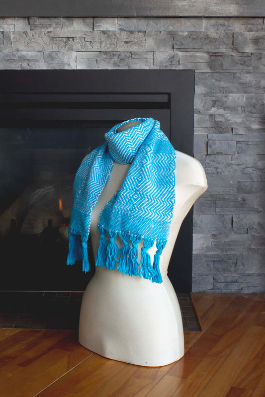 Cotton scarf, diamond pattern, blue, white, handmade, natural fibres, washer and dryer safe, made in Canada