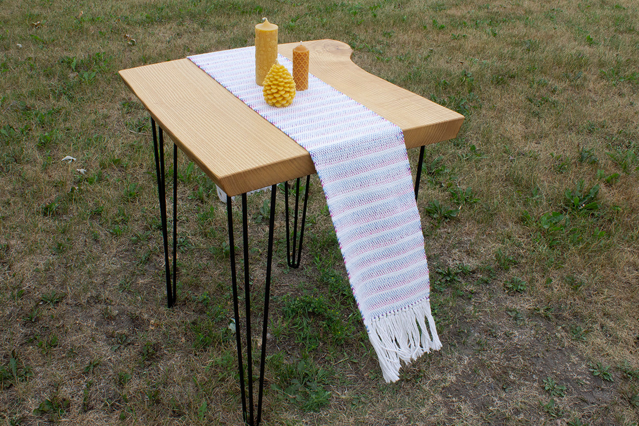 Cotton table runner, banded pattern, off-white, purple, blue, white, handmade, natural fibres, washer and dryer safe, made in Canada