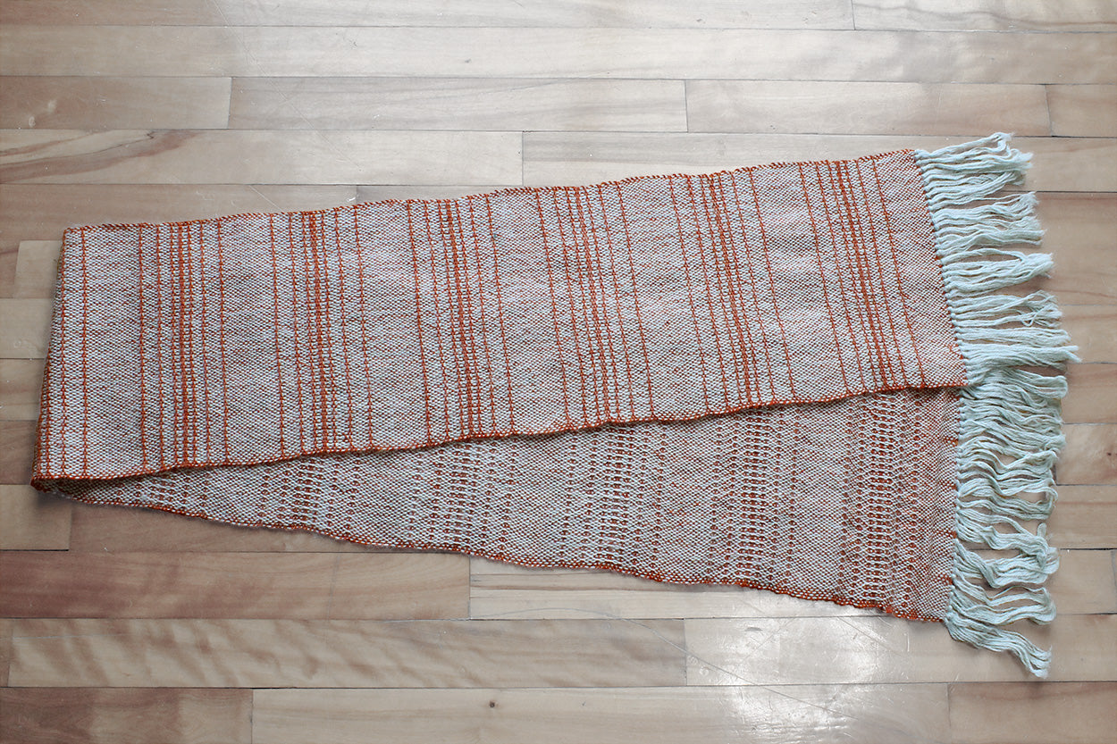 Alpaca scarf, textured pattern, grey, orange, handmade, natural fibres, hypoallergenic, lightweight, warm, soft, made in Canada