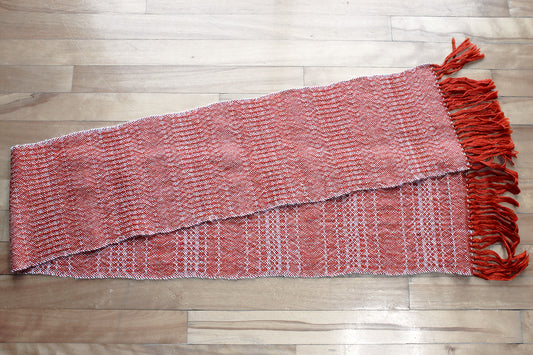 Alpaca scarf, textured pattern, orange, grey, handmade, natural fibres, lightweight, hypoallergenic, made in Canada