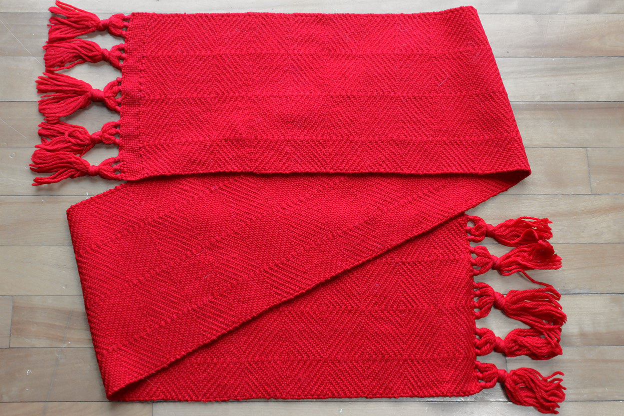 Wool scarf, diamond pattern, bright red, handmade, natural fibres, Peruvian highland wool, made in Canada