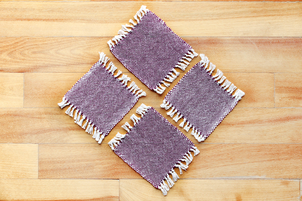 Cotton coasters, set of four, purple, white, handmade, natural fibres, washer safe, made in Canada