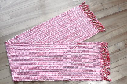 Cotton table runner, streaked pink, handmade, natural fibres, washer and dryer safe, ultra-soft, twisted fringe, made in Canada
