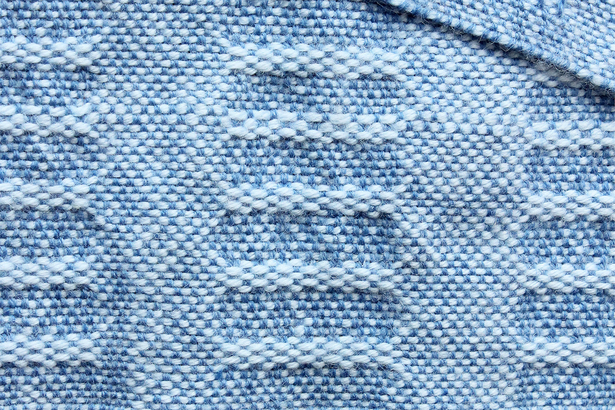 Wool scarf, weft float pattern, baby blue, handmade, natural fibres, Andean highland wool, superwash wool, lightweight, made in Canada