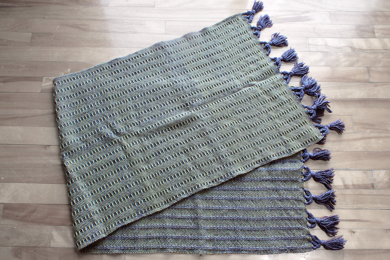 Wool blanket scarf, weft float pattern, grey, green, handmade, natural fibres, Peruvian highland wool, made in Canada