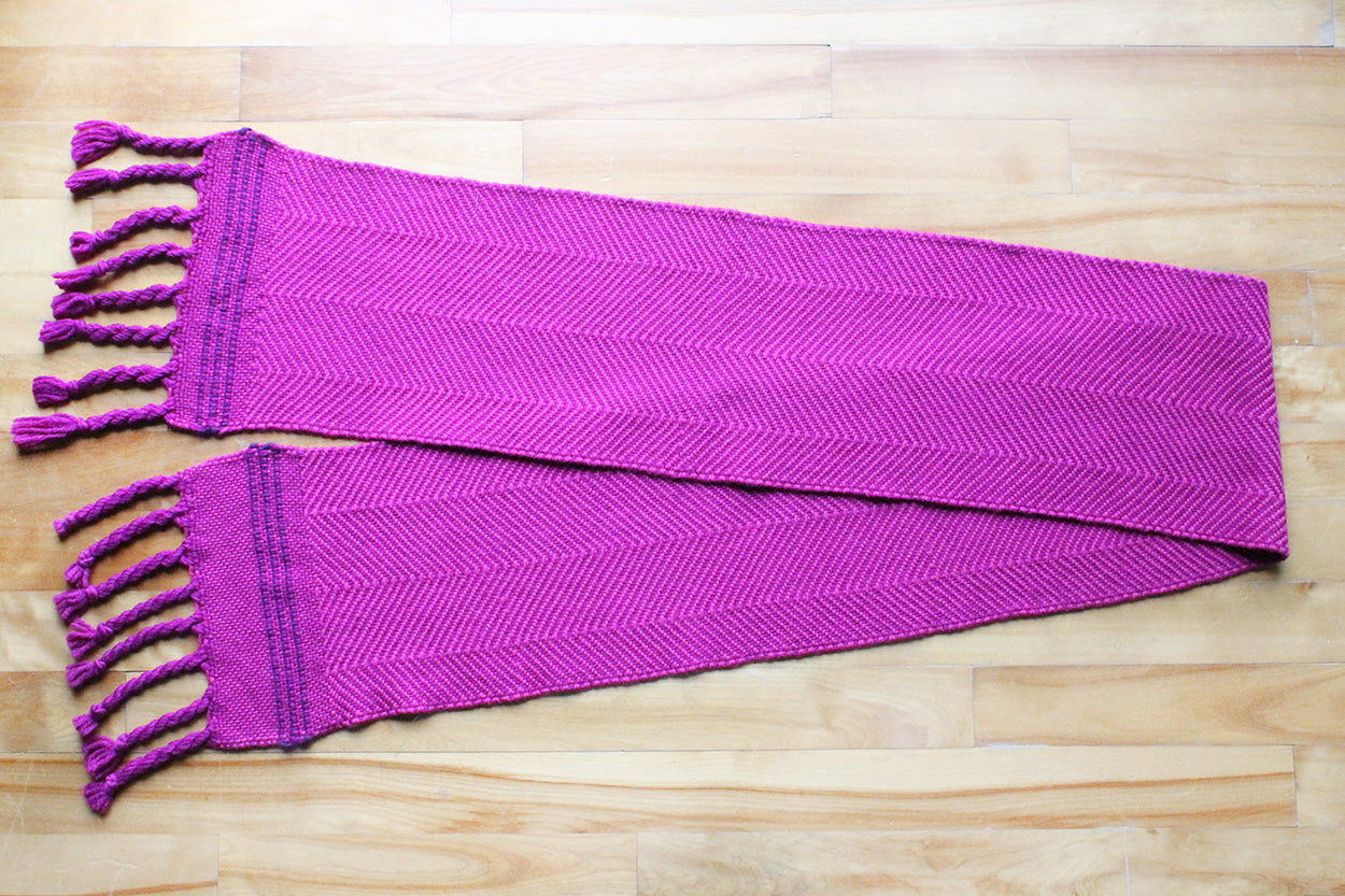 Wool scarf, zigzag pattern, magenta, pink, purple, handmade, natural fibres, Peruvian highland wool, twisted fringe, made in Canada