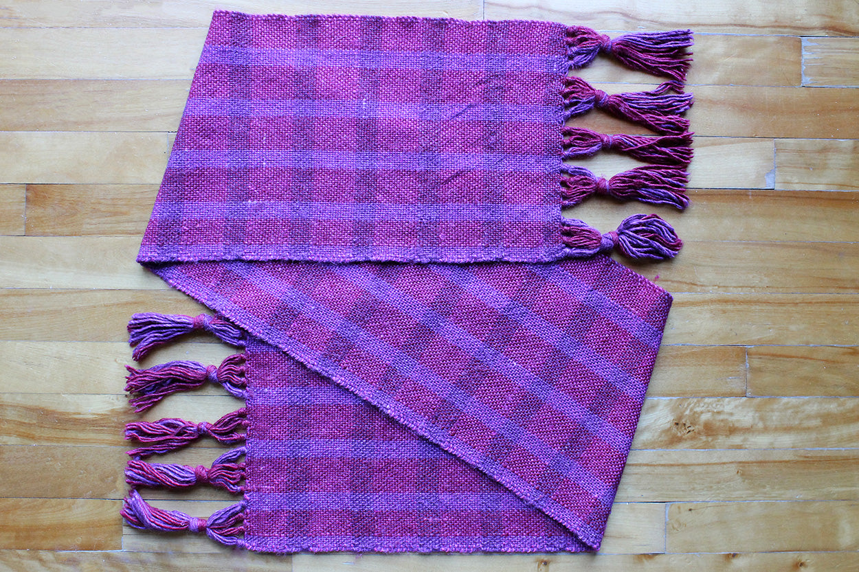 Wool scarf, purple plaid, pink, handmade, natural fibres, alpaca, silk, ultra-soft, reclaimed loom waste, made in Canada