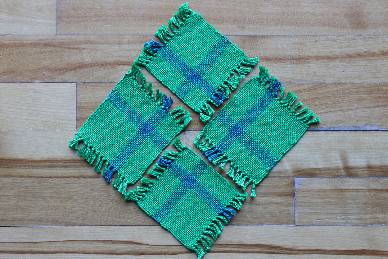 Cotton coasters, set of four, striped green, blue, handmade, natural fibres, washer safe, made in Canada