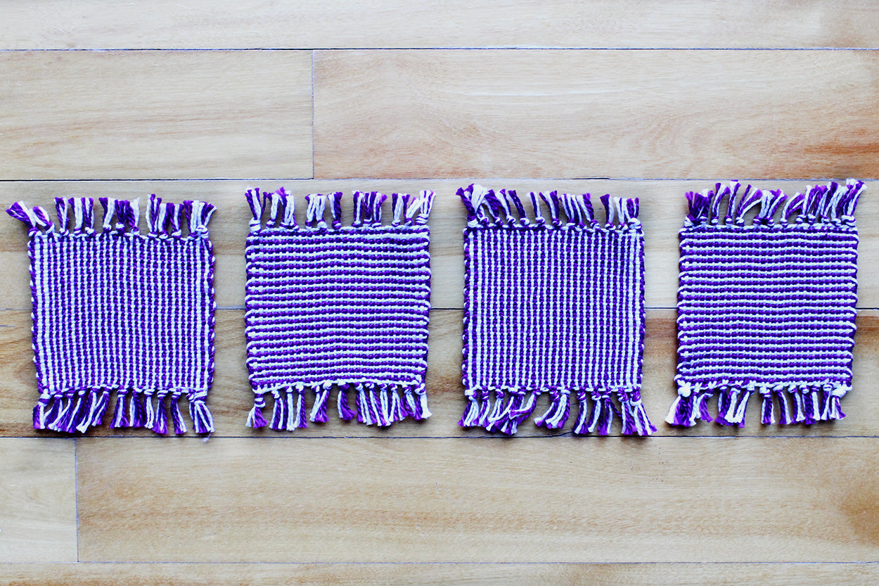 Cotton coasters, set of four, striped purple, white, handmade, natural fibres, washer safe, made in Canada