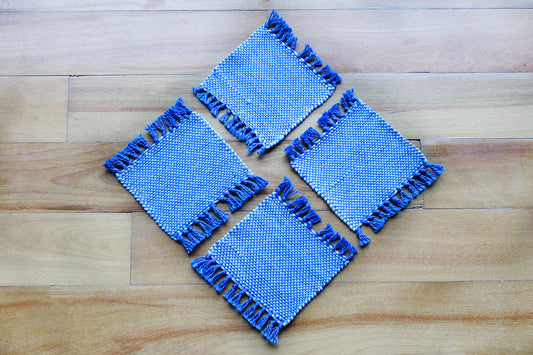 Cotton coasters, set of four, pale blue, deep blue, handmade, natural fibres, washer safe, made in Canada