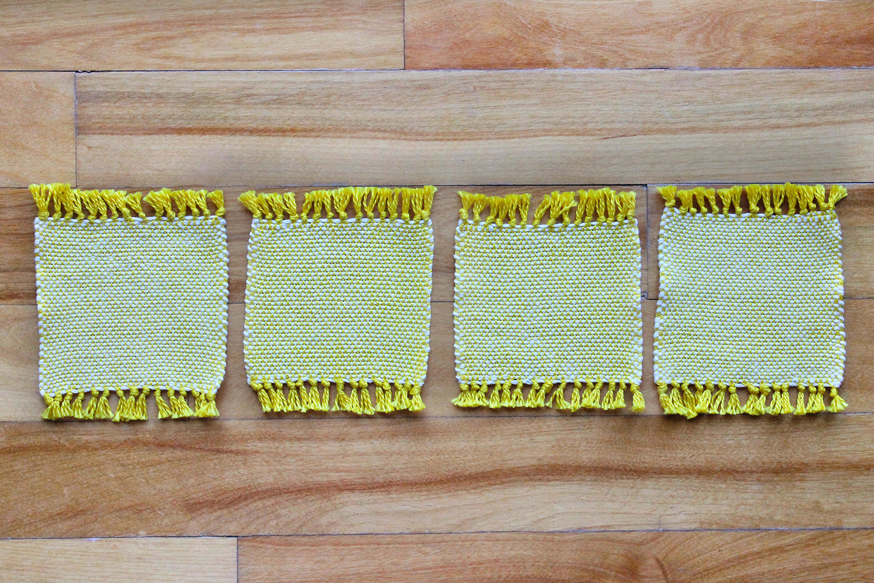 Cotton coasters, set of four, yellow, white, handmade, natural fibres, washer safe, made in Canada