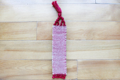 Cotton small bookmark, red, white, handmade, natural fibres, washer safe, decorative fringe, made in Canada