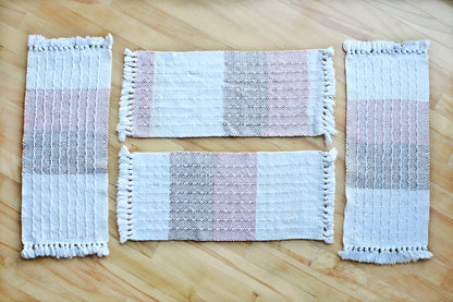 Cotton placemats, set of four, colour blocked pattern, pink, brown, off-white, white, handmade, natural fibres, washer and dryer safe, made in Canada