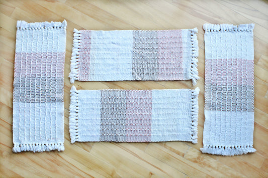 Cotton placemats, set of four, colour blocked pattern, pink, brown, off-white, white, handmade, natural fibres, washer and dryer safe, made in Canada