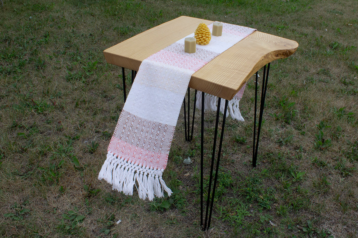 Cotton table runner, window weave pattern, colour blocked pattern, pink, brown, off-white, white, handmade, natural fibres, washer and dryer safe, decorative fringe, made in Canada