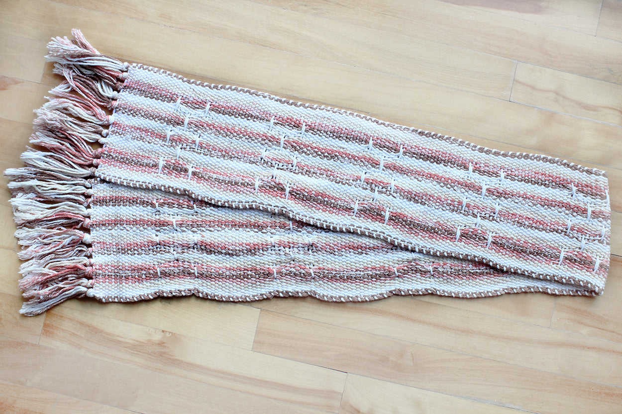 Cotton table runner, brooks bouquet pattern, brown, pink, off-white, white, handmade, natural fibres, washer and dryer safe, made in Canada