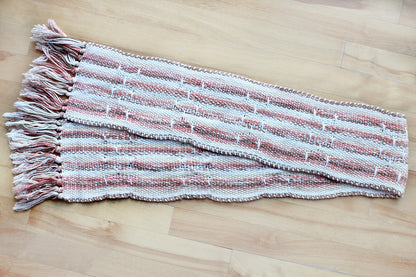 Cotton table runner, brooks bouquet pattern, brown, pink, off-white, white, handmade, natural fibres, washer and dryer safe, made in Canada