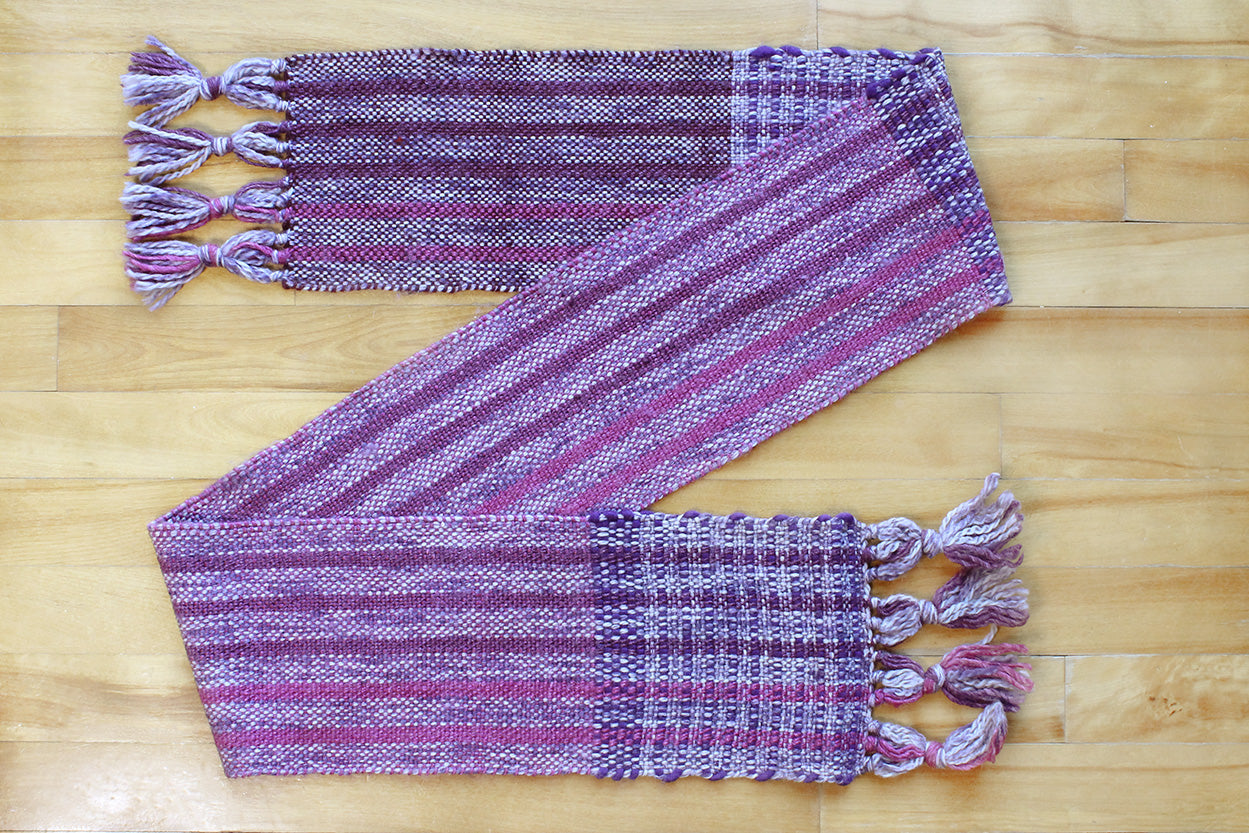 Wool scarf, striped purple pattern, pink, handmade, natural fibres, Peruvian highland wool, Merino wool, alpaca, silk, reclaimed loom waste, made in Canada