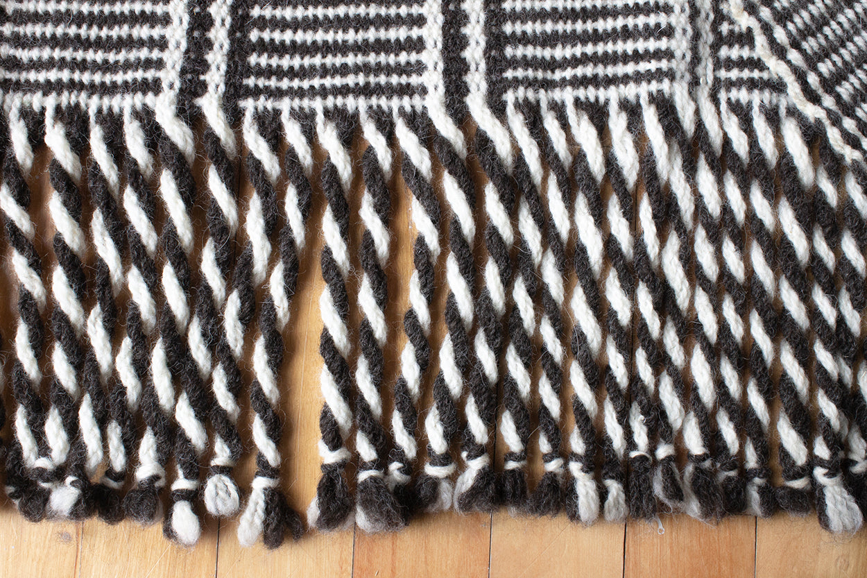 Wool blanket scarf, undyed striped wool, black, white, handmade, natural fibres, local Ontario wool, twisted fringe, made in Canada