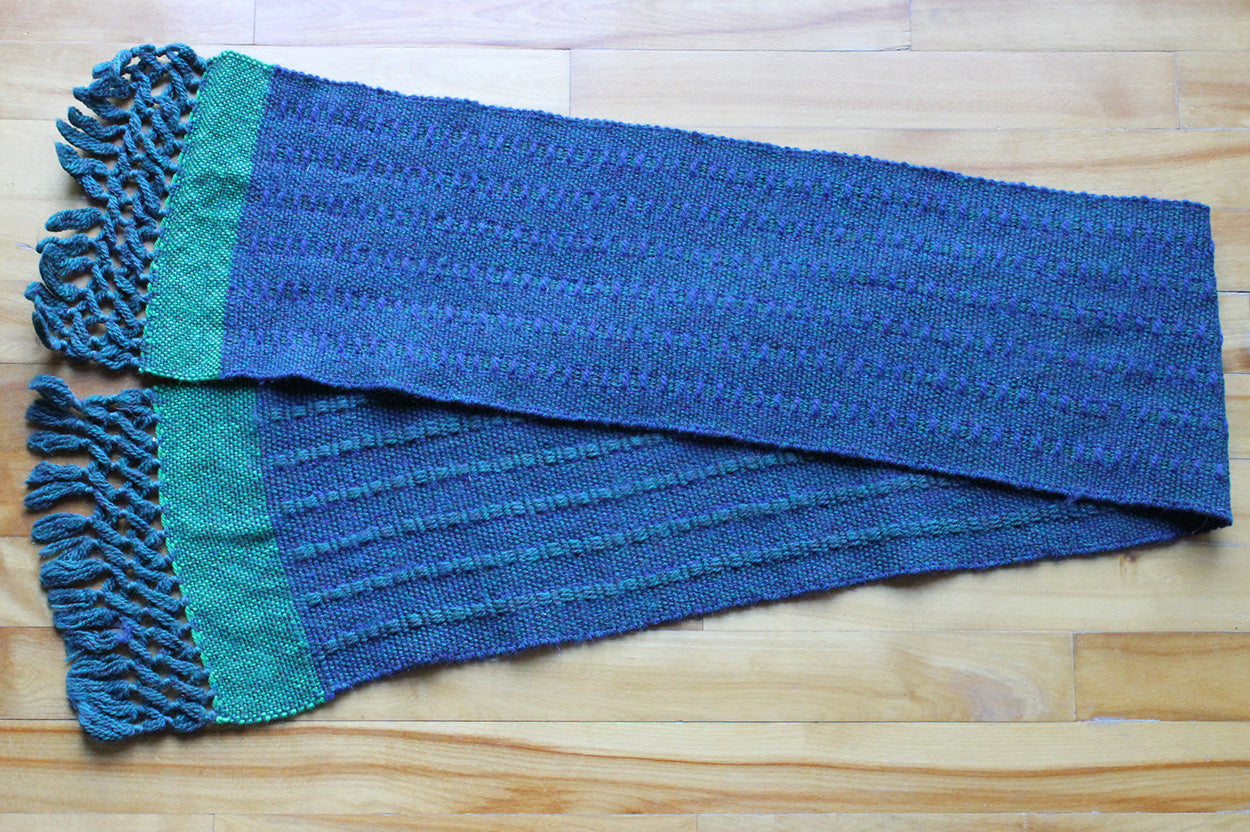 Wool scarf, weft float pattern, blue, green, handmade, natural fibres, Andean highland wool, Peruvian highland wool, local wool, decorative fringe, made in Canada