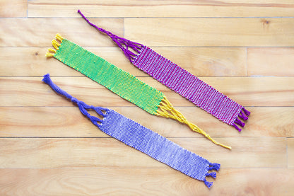 Cotton extra large bookmark, Yellow & Green, Purple & Red/White, Blue & white, handmade, natural fibres, decorative fringe, made in Canada