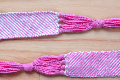 Cotton small bookmark, twill pattern, Pink, White, undyed, handmade, natural fibres, decorative fringe, made in Canada
