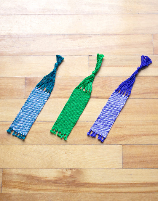 Cotton small bookmark, Green, Sea Green & White, Purple & White, handmade, natural fibres, washer safe, decorative fringe, made in Canada