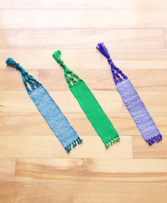 Cotton medium bookmark, Sea Green & White, Purple & White, Green, handmade, natural fibres, washer safe, decorative fringe, made in Canada