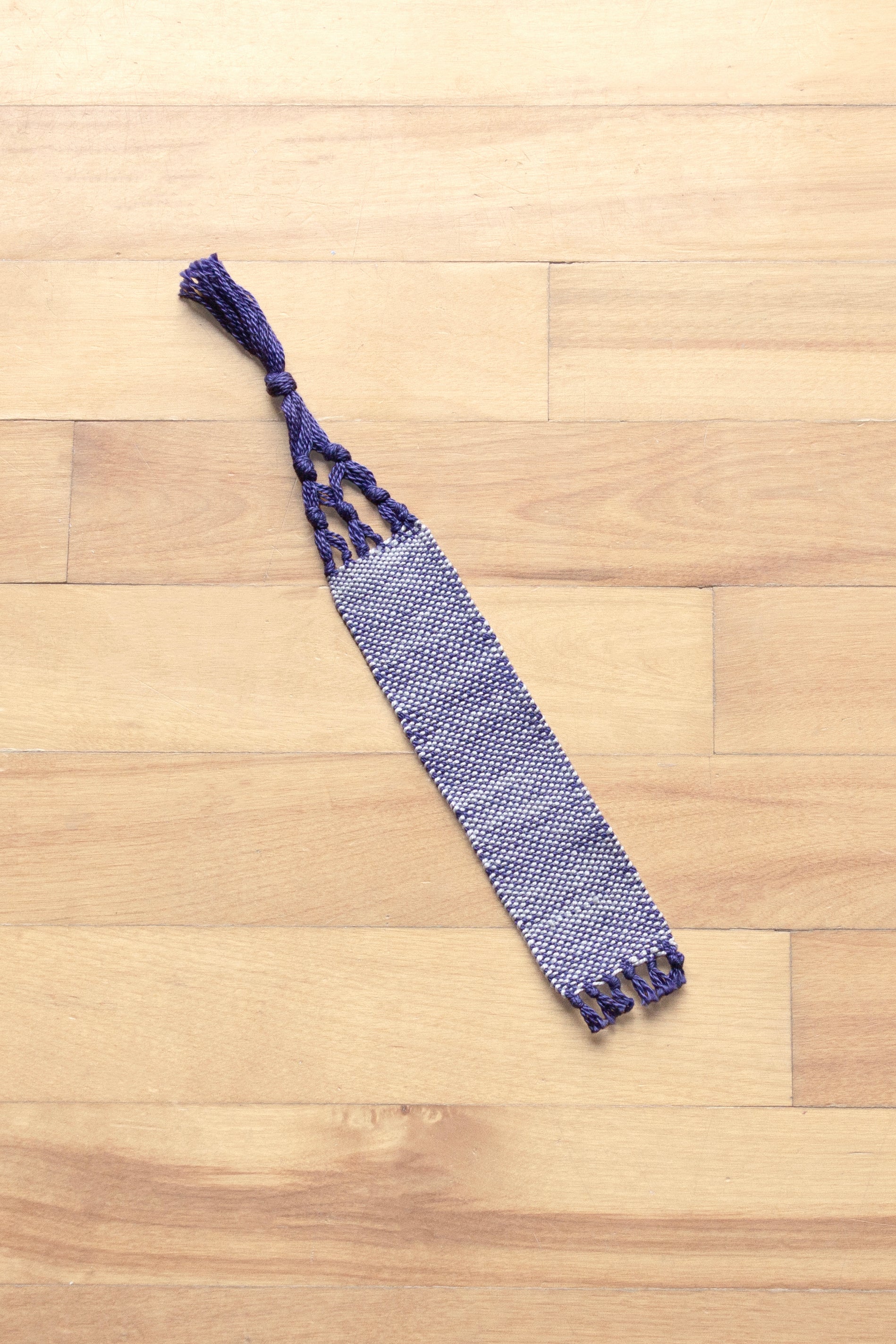 Cotton medium bookmark, Purple & White, handmade, natural fibres, washer safe, decorative fringe, made in Canada