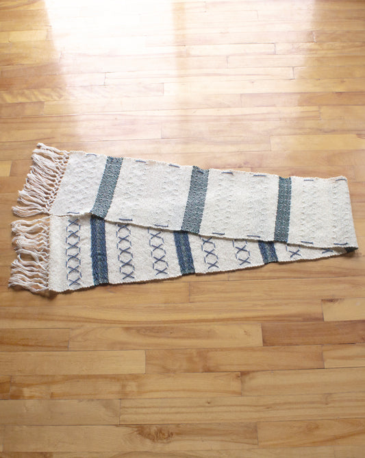 Wool scarf, embroidered, white, blue, green, handmade, natural fibres, mohair, Andean highland wool, locally sourced, reclaimed loom waste, made in Canada
