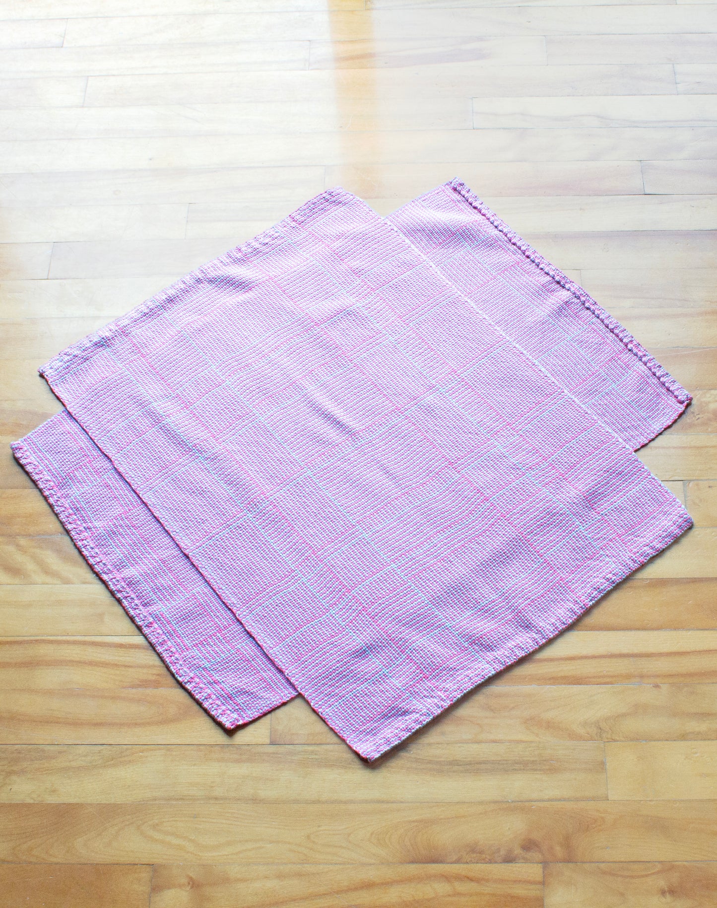 Cotton dish towel, pink log cabin patterned, blue, handmade, natural fibres, washer and dryer safe, hemmed, hand sewn hem, made in Canada