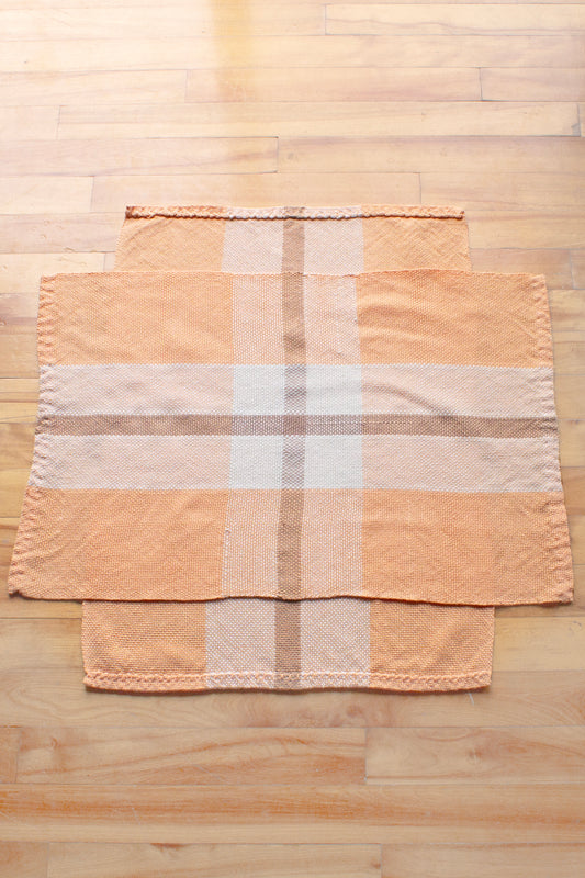 Cotton dish towel, striped orange, brown, white, off-white, handmade, natural fibres, washer and dryer safe, hemmed, hand sewn hem, made in Canada