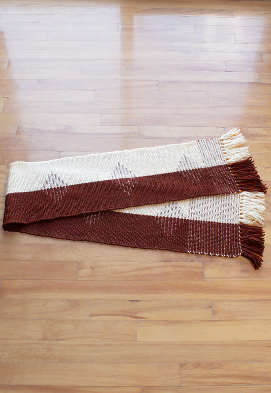 Wool scarf, diamond patterned clasped weft, red, white, handmade, natural fibres, locally sourced, Canadian wool, undyed, woven in Canada