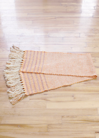 Wool scarf, striped orange, white, marbled orange, handmade, natural fibres, undyed white, locally sourced, reclaimed loom waste, woven in Canada