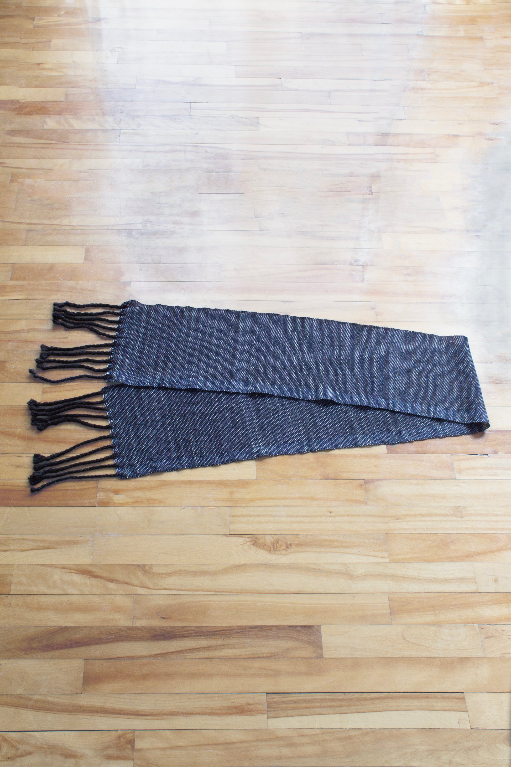 Alpaca scarf, dark purple, mixed colours, handmade, natural fibres, locally sourced, undyed black, twisted fringe, woven in Canada